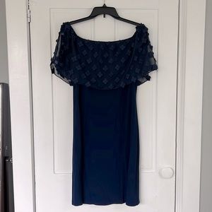 Off the shoulder, sheer top, blue pencil dress